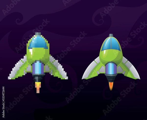 Obraz Modern cartoon illustration with spaceship vector for concept design. Game element. Rocket  icon. Space futuristic creative design. Pixel and 2d models set, spaceship from videogame