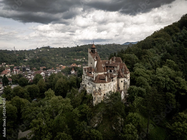 Obraz Aerial view of Dracula Castle in the village of Bran in Romania