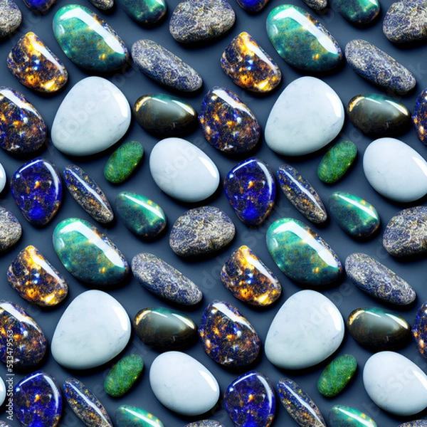 Obraz Colorful polished stones background, stones seamless pattern, sea stones, beautiful gems, different shapes, 3d illustration