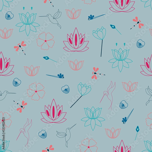 Fototapeta Blue grey repeat pattern design, featuring lotus flower, humming birds, dragon flies and various flowers.  Perfect for fabric, scrapbooking, quilting, wallpaper, swatches and many other projects.
