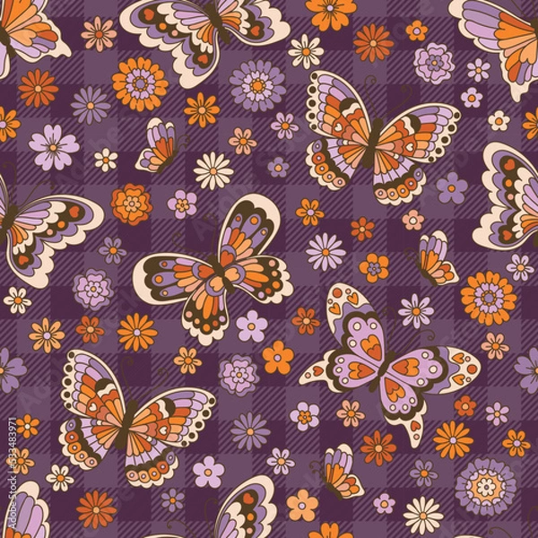 Obraz Violet Buffalo Plaid and Butterflys Seamles Pattern.