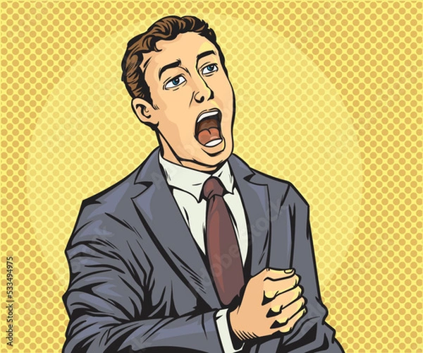 Obraz The young businessman was excited and surprised. He opened his eyes wide and shouted loudly.hand drawn style vector design illustration.