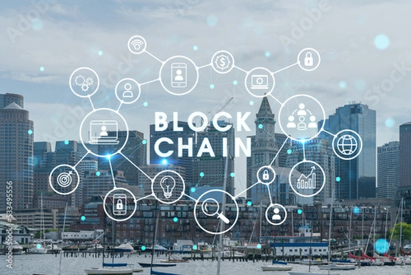 Fototapeta Panoramic picturesque city view of Boston Harbour at day time, Massachusetts. Building exteriors of financial downtown. Technological, educational center. Blockchain and cryptography concept, hologram