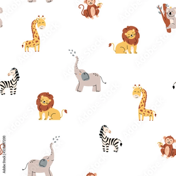 Fototapeta Tropikalny wzór dżungli. Zwierzęta z zoo. Śliczne dzikie zwierzęta w prostym skandynawskim stylu. Pastel Palette jest idealna do drukowania ubrań dla niemowląt, tkanin. Wektorowe tło kreskówek