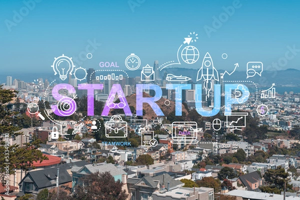 Fototapeta Panoramic view of San Francisco skyline at daytime from hill side. Financial District, residential neighborhoods. Startup company, launch project to seek and develop scalable business model, hologram