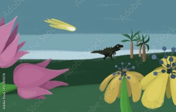 Obraz Meteorite fa estinguere i dinosauri, illustrazione di  paesaggio giurassico, estinzione specie animale,, fine del mondo, stile disegno a mano, tutela ambiente e madre terra