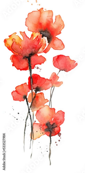 Obraz Red poppies watercolor illustration, Isolated on white. Wild red poppies. Surface design for interior decoration, textile printing, printed issues, invitation cards