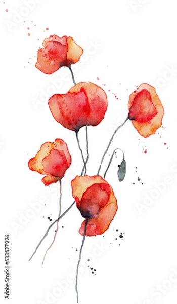 Obraz Red poppies watercolor illustration, Isolated on white. Wild red poppies. Surface design for interior decoration, textile printing, printed issues, invitation cards