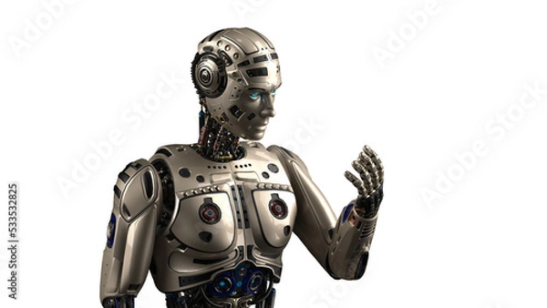 Fototapeta Detailed appearance of the champagne AI robot under white background. Concept 3D CG of automatic operation, optimization and block chain technology. PNG file format.