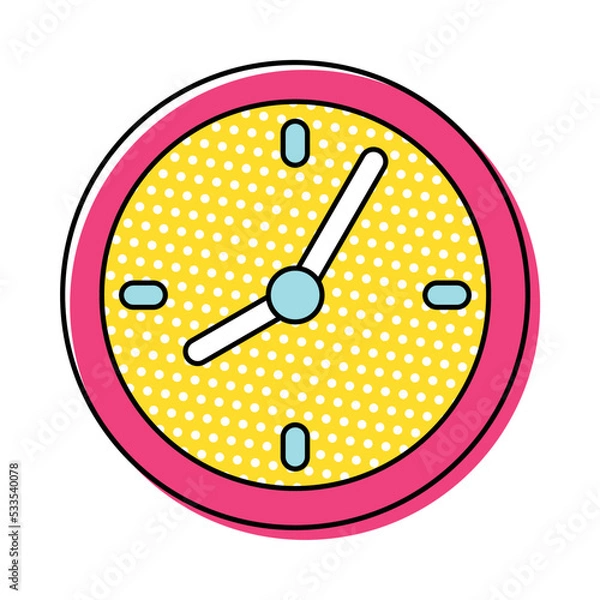 Fototapeta Neu memphis clock icon isolated on white background. Modern vector illustration. Colorful linear time symbol for web site, mobile app, UI, graphic design. Trendy flat style. Simple timer sign