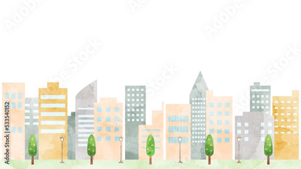 Fototapeta ビル群のイラスト　水彩風加工バージョン　アスペクト比16：9