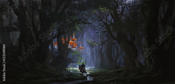 Fototapeta A mysterious castle hidden deep in the jungle, 3D illustration.