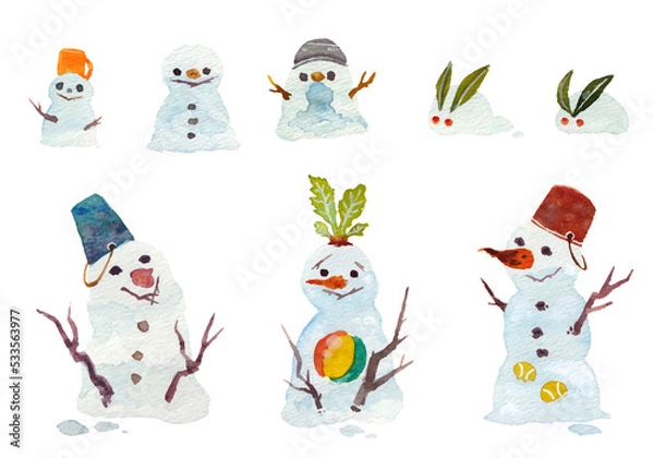 Obraz 水彩の雪だるまと雪うさぎ
