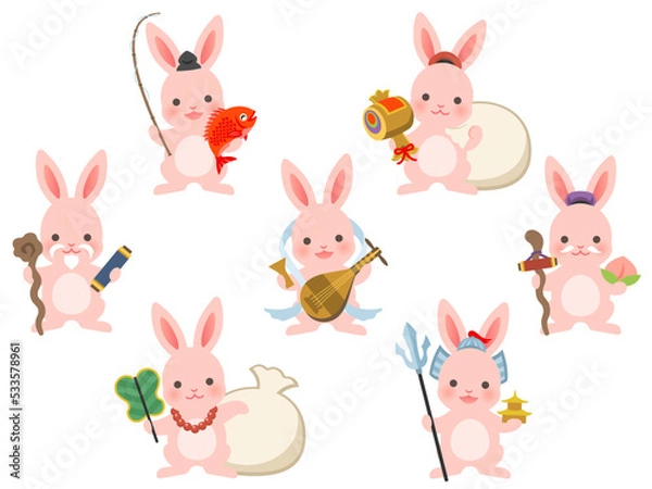 Fototapeta うさぎの七福神のキャラクターのイラストセット