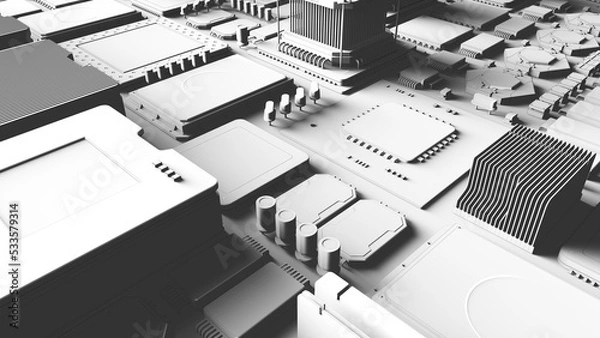 Fototapeta CPU chips on the motherboard . monochrome 3d illustration in white with shadows with contour lines