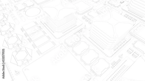 Fototapeta CPU chips on the motherboard . monochrome 3d illustration in white with outline lines