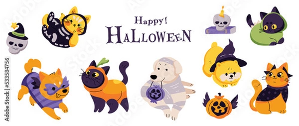 Fototapeta Happy Halloween day lovey pet vector. Cute collection of cats and dogs with halloween costumes, mummy, pumpkin, skeleton. Adorable animal characters in autumn festival for decoration, prints, cover.
