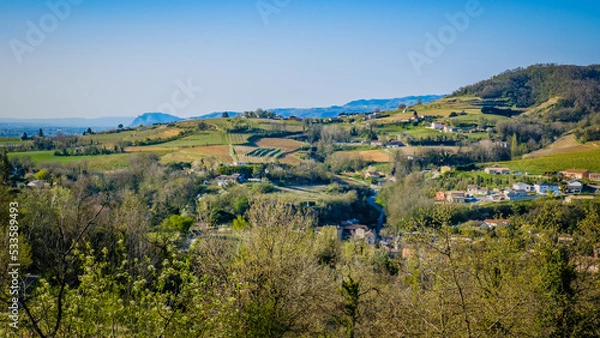 Fototapeta  View on the hills, fields, vineyards and village of Crozes-Hermitage in Drome (France)