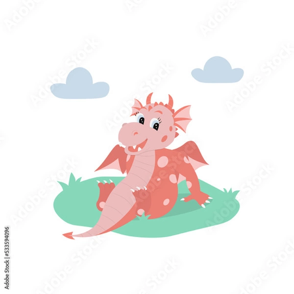 Fototapeta Red cartoon dragon sitting on grass. Cute character in flat style. Vector illustration on white background