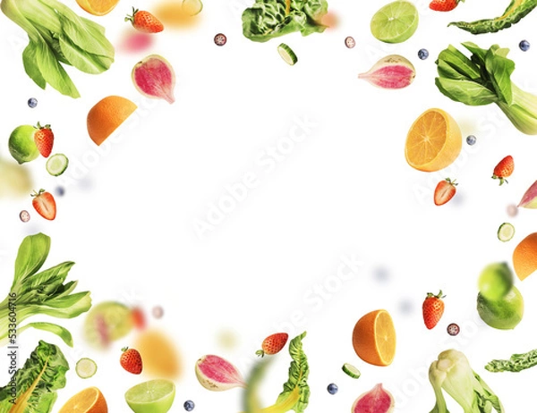 Fototapeta Frame of various flying or falling summer fruits, berries and vegetables on transparent background. Healthy food. Detox and dieting concept
