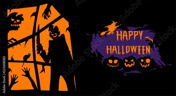 Obraz halloween background with fire Halloween promotion banner poster or background, killer, witch, black cat, pumpkin lantern on black background.Background or banner Halloween template