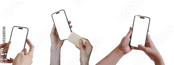 Fototapeta Hand holding smartphone phone with blank screen and modern frameless design on iphone, hold Mobile phone on transparent background Ideal for marketing, app design, UI and UX - include clipping path.