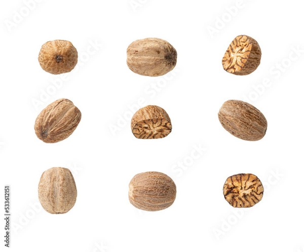 Obraz Set of whole and halved nutmeg seeds cutout. Organic muscat seeds variety isolated on a white background. Spice concept. Dry fruits of Myristica fragrans tree for herbal medicine and cooking.