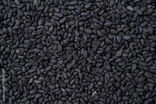 Obraz Black cumin macro texture. Whole nigella seeds closeup background. Dry kalonji fruits for food design and cooking. Concept of organic spice and seasoning. Medicinal herb nigella sativa.