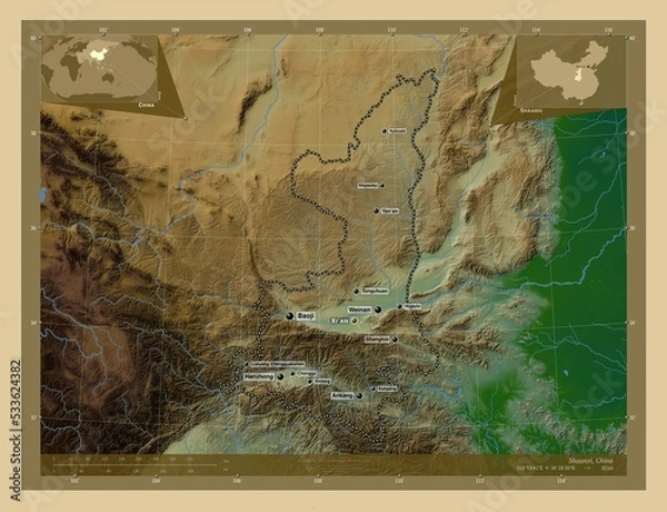Obraz Shaanxi, China. Physical. Labelled points of cities
