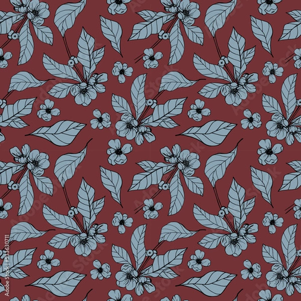 Fototapeta Drawn floral pattern. Brown background. Blue silhouettes of flowers. Seamless floral pattern. Vector print. Textile print. Home textiles.