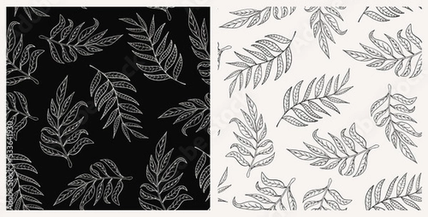 Obraz Botanical set of seamless repeat pattern herbs. Random placed, vector bundle of branches on black and white backgrounds.