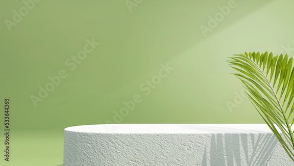 Fototapeta Beauty cosmetic product studio setup. Product display podium. Natural leaves on a green background. 3D rendering