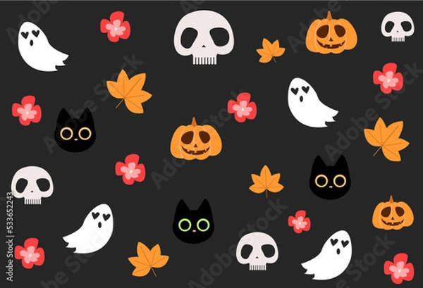 Fototapeta Happy halloween pattern with candies, cats and pumpkins