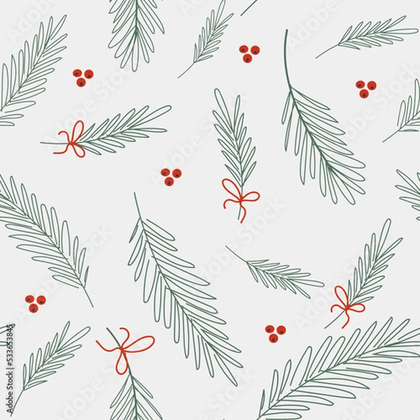 Fototapeta Christmas vector seamless pattern with fir branches and red berries on a light background.