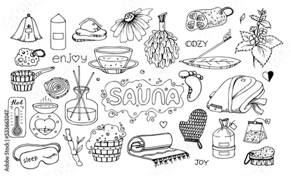 Obraz Sauna Doodle Set. Hand drawn bathing accessories. Vector outline illustration