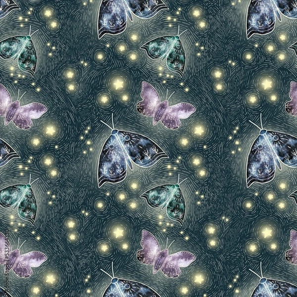 Fototapeta seamless pattern with space butterflies and stars. detailed repeating stylish mystical pattern. Dark blue, yellow, green and pink tones. Use for printing wallpaper, fabrics, textiles. wrapping paper