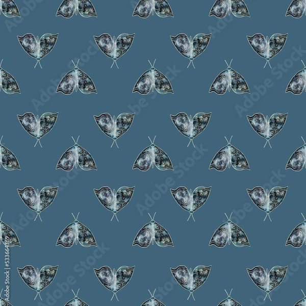 Fototapeta Seamless monochromatic pattern: blue butterflies on a blue background. Cute design for printing wrapping paper, wallpaper, textile