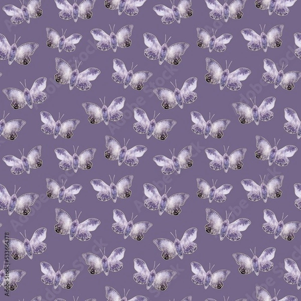 Fototapeta Seamless monochromatic pattern: purple  butterflies on a purple background. Cute design for printing wrapping paper, wallpaper, textile