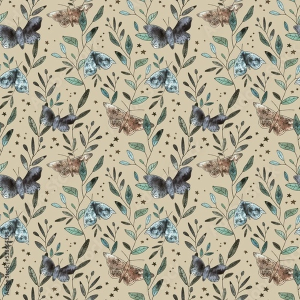 Fototapeta Seamless pattern with butterflies, stars and leaves on a beige background. Detailed repeating design. Drawn by hand. Natural tones. Use for printing wallpaper, wrapping paper, textiles.