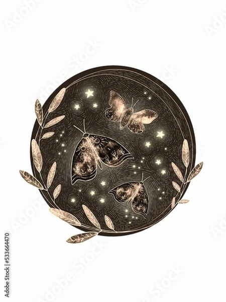 Fototapeta illustration in a circle: magic butterflies, leaves and glowing stars. hand drawn isolated on white background. template for printing on clothes, printing postcards and stickers.