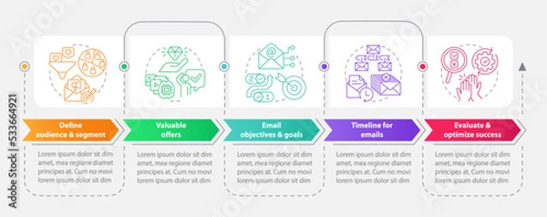 Fototapeta Lead nurturing campaign rectangle infographic template. Contacts. Data visualization with 5 steps. Editable timeline info chart. Workflow layout with line icons. Myriad Pro-Bold, Regular fonts used