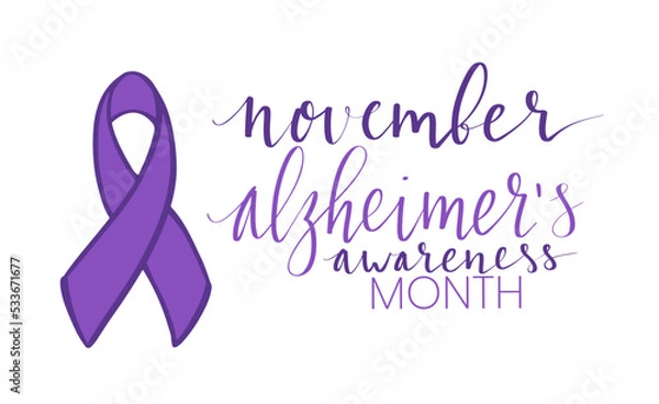 Fototapeta Alzheimers awareness month Novermber handwritten lettering. Purple support ribbon. Web banner vector