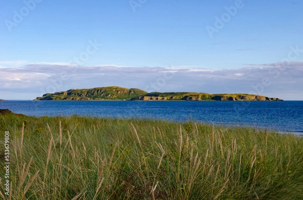 Fototapeta Marram grass at beach in Southend near the Mull of Kintyre Scotland in foreground with Sanda Island in the distance