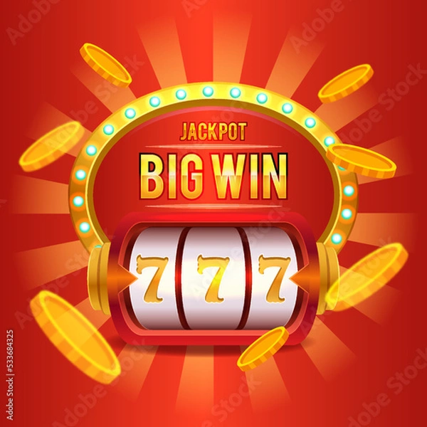 Obraz Big win slot machine with flying golden crypto coins. casino jackpot concept in realistic style
