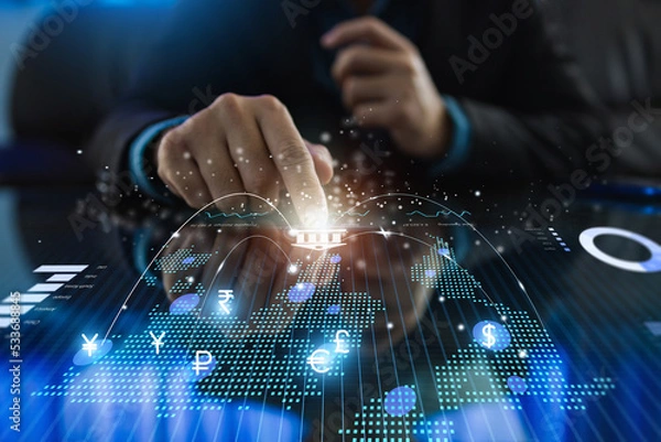 Obraz Money exchange abroad with business data ai technology. Concept for digital money transfer banking and world economic financial investment trading. 3D illustration.