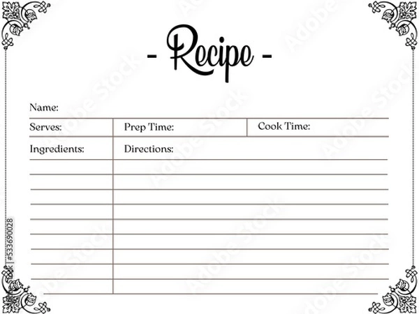 Fototapeta Recipe Card, Blank Recipe Book Printable Template, Pages Sheet Organizer Binder, DIY, Kitchen Cookbook