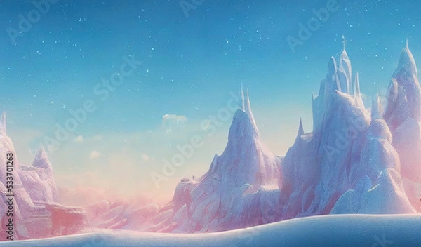 Obraz Cold Ice Mountains with White Snow and Clear Blue Sky. Fantasy Backdrop Concept Art Realistic Illustration. Video Game Background Digital Painting CG Artwork Scenery Artwork Serious Book Illustration
