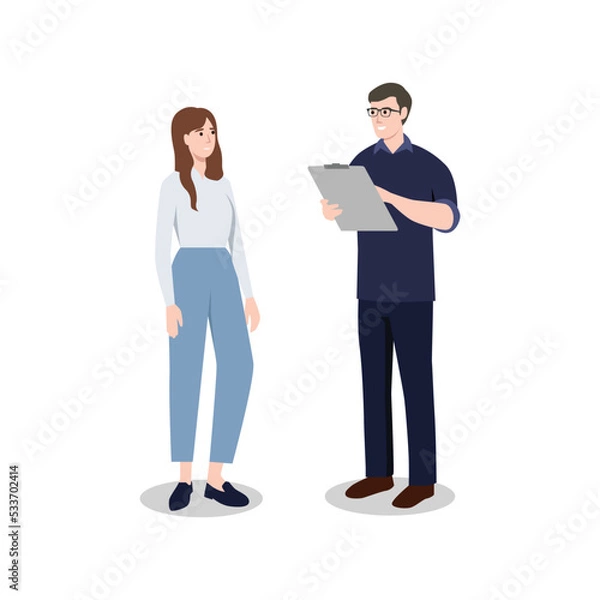 Fototapeta Business man is conducting a survey. Businessman answers questions of interview. People conversation. Flat vector illustration isolated on white background