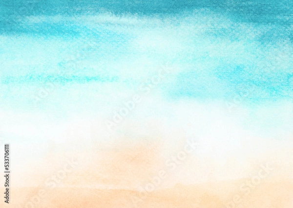 Fototapeta Watercolor painting blue ocean wave on sandy beach background.  Abstract blue sea and beach summer background for banner, invitation, poster or web site design, imitation, space for text.