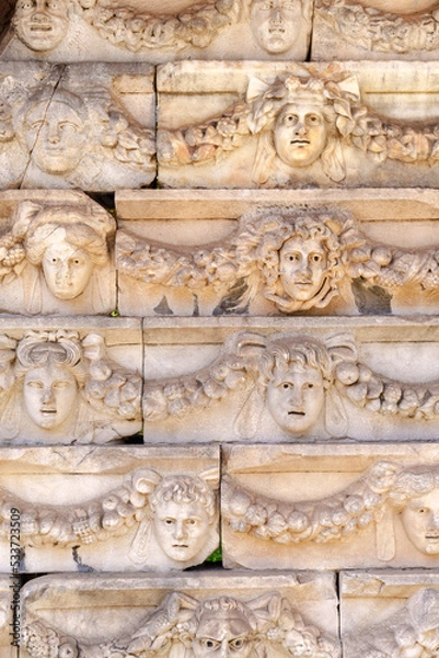 Fototapeta Friezes depicting various gods, goddesses and portrait heads in Aphrodisias, Turkey